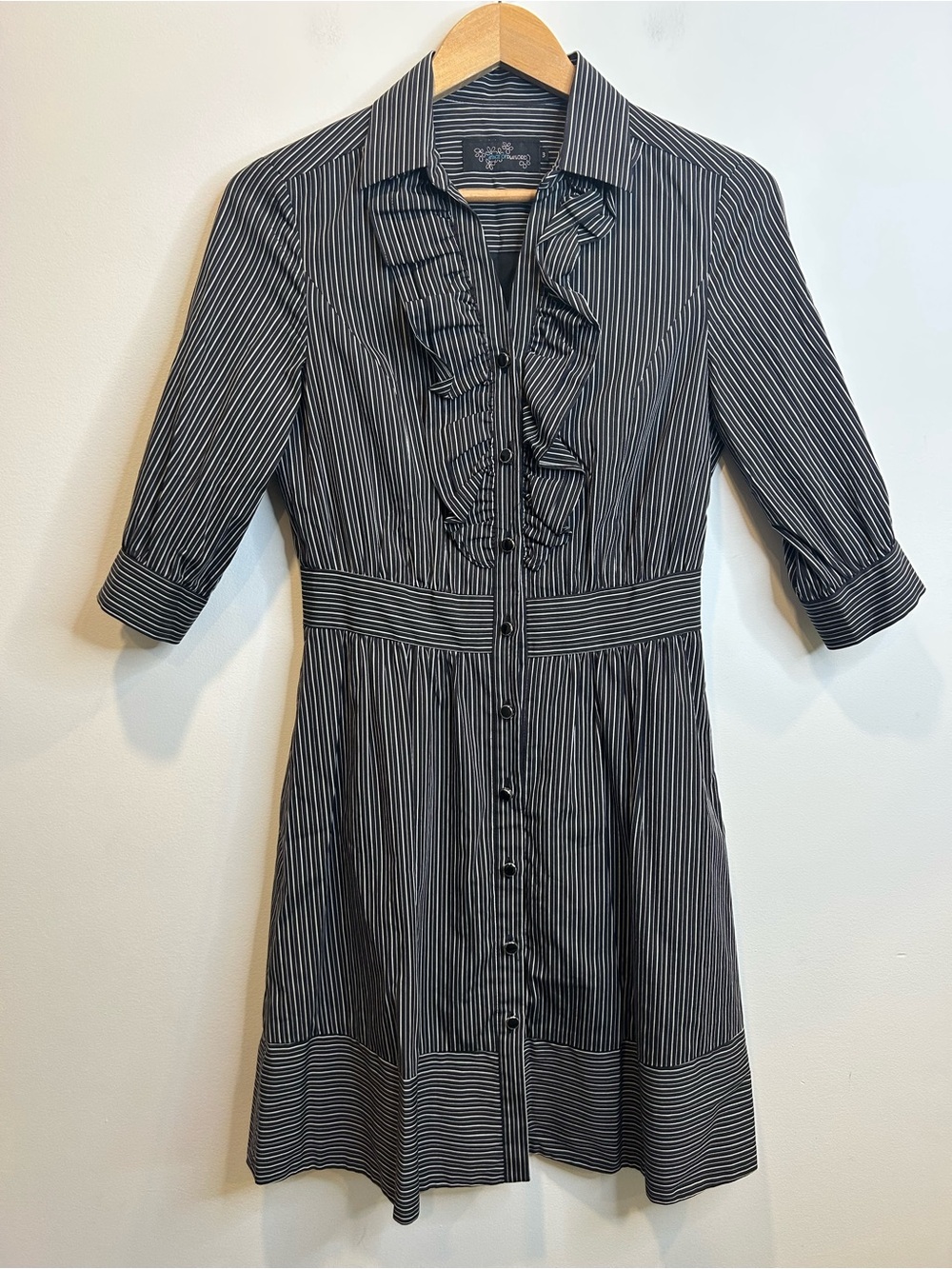 Vintage 90s Stage of Playlord  Pinstripe Shirt Dress Ruffle-front Bib Cotton